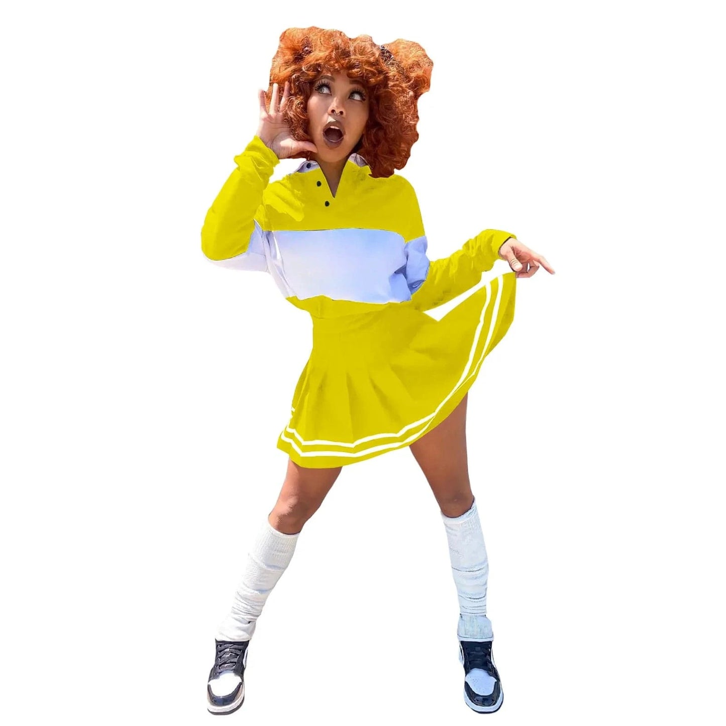 XL / Yellow Women Skirt Sets Two Piece Outfits Clothing 2 Piece Pleated Hoodie Skirt Long Sleeve Set Basketball Mini Dress Skirt Set