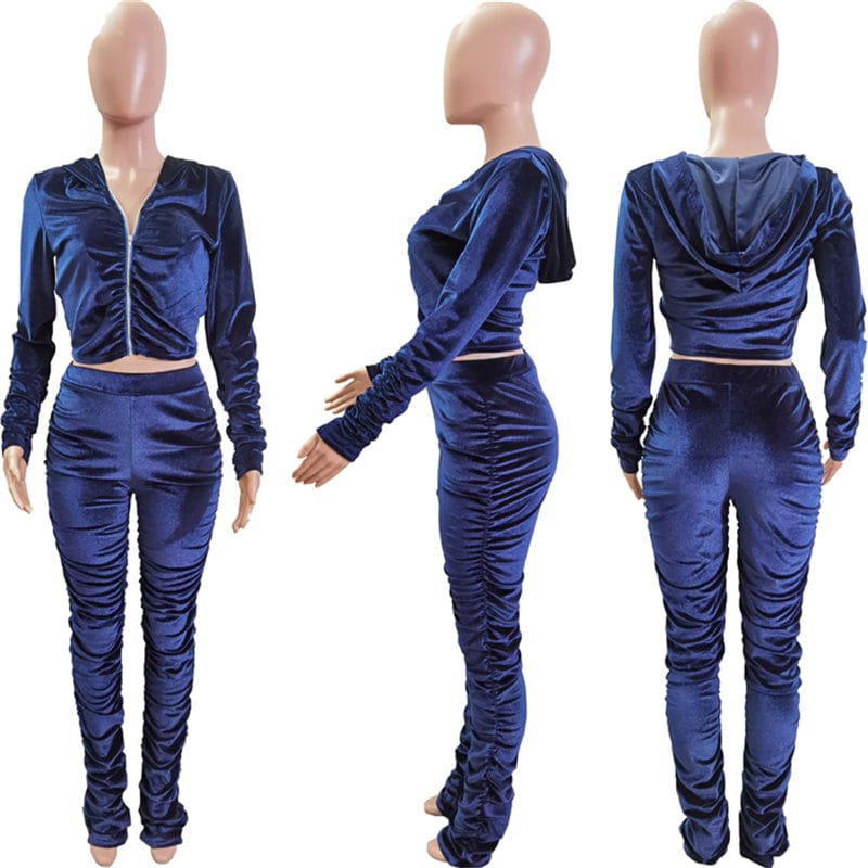 XS-3XL Solid Color Pleated Long Sleeve Velvet 2 Piece Sets Casual Zipper Hoodies With Jogers Set Fashion Stacked Leggins Set