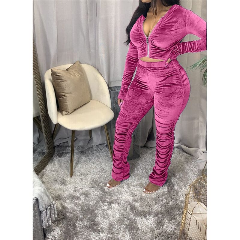 XS-3XL Solid Color Pleated Long Sleeve Velvet 2 Piece Sets Casual Zipper Hoodies With Jogers Set Fashion Stacked Leggins Set