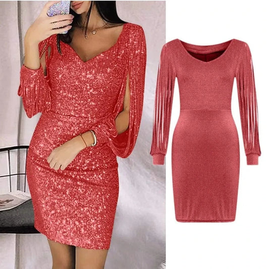 XS-5XL Women Sequins Glitter Dress Long Tassel Sleeve Mini Dresses Bling Bling Sexy V-Neck Lady Sparkle Prom Dress