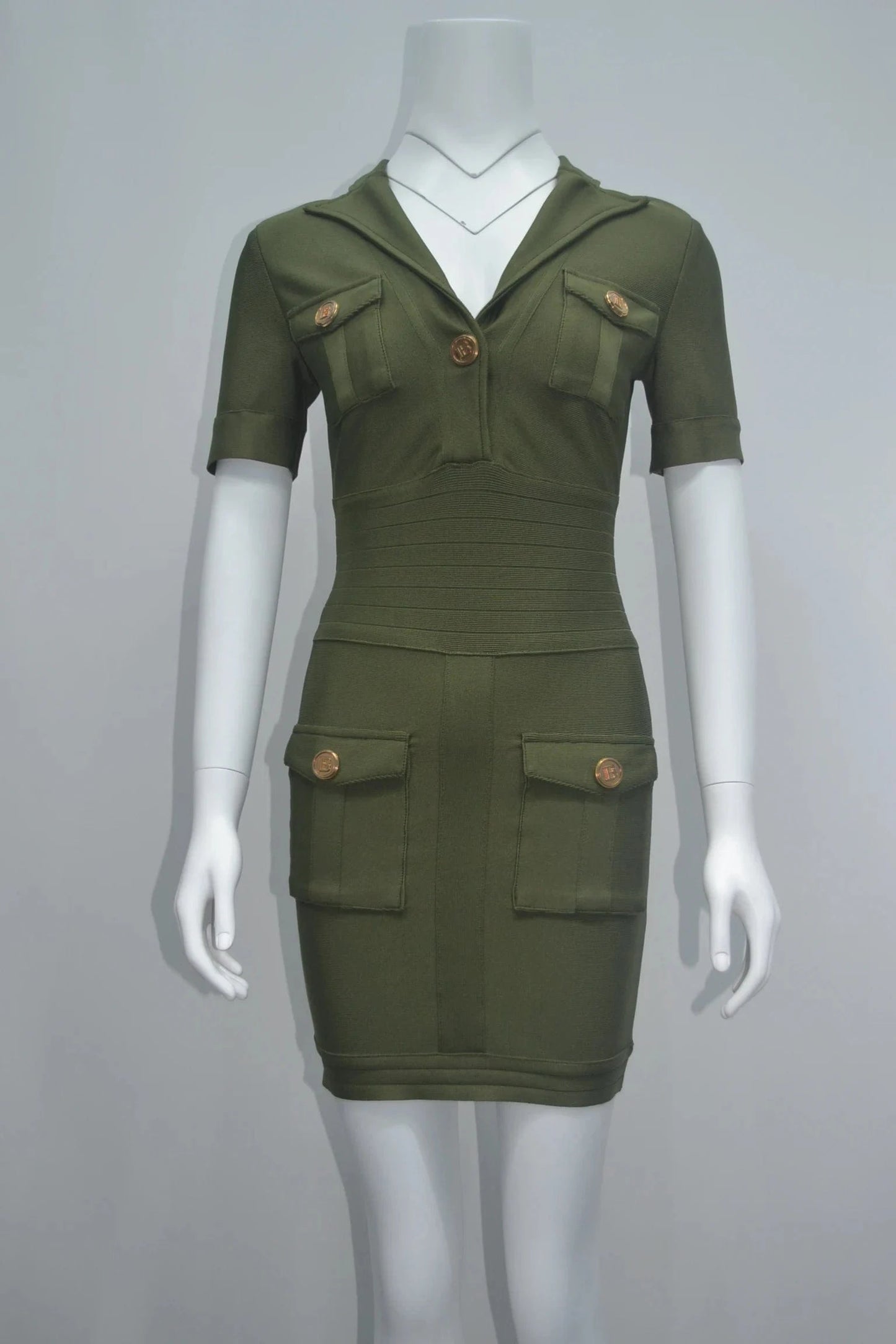 XS / Army Green D8890 Ladies casual short sleeve v neck bodycon bandage dress