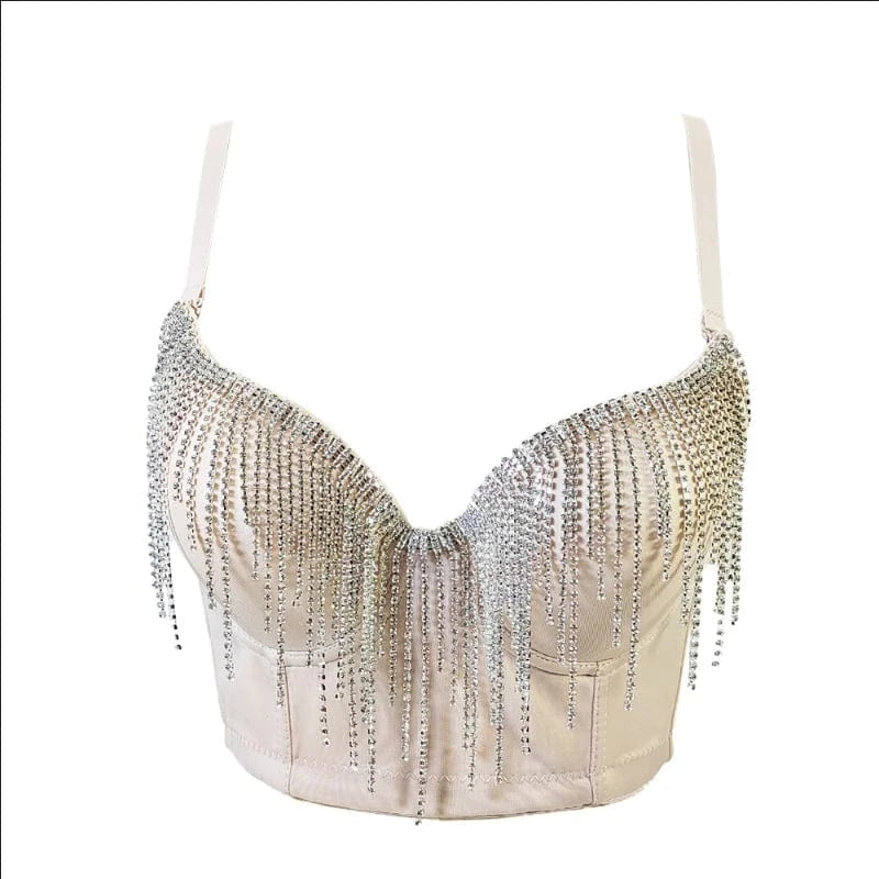 XS / Beige Wholesale web celebrity hot selling customized bright diamond punk style underwear women sexy corset top bustier