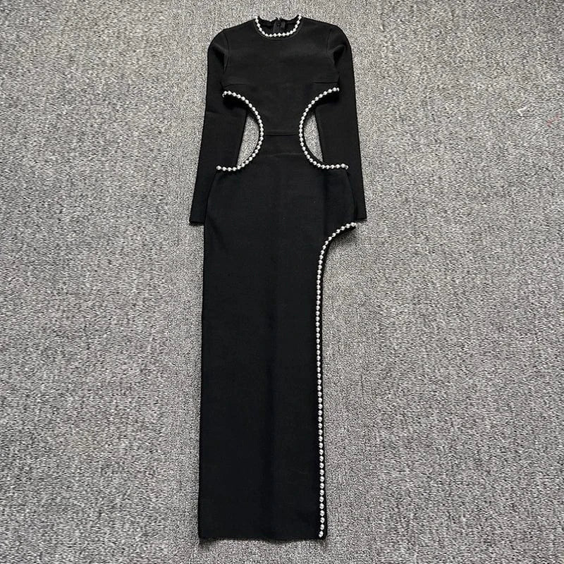 XS / Black CHICEVER Round Neck Long Sleeve High Waist Split Elegant Women Black Long Dresses