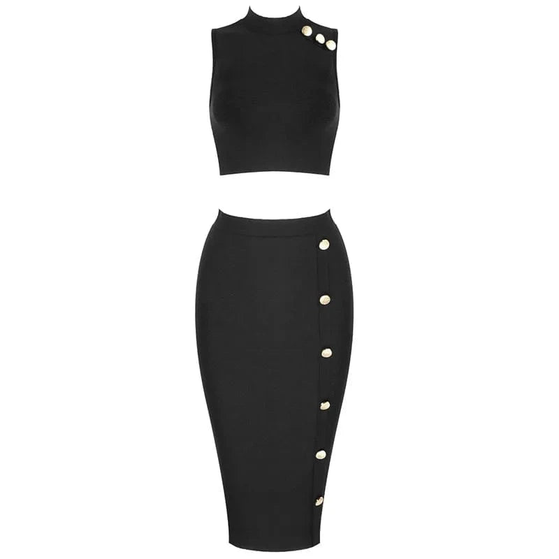 XS / Black D8222 Female fashion  button design sexy sleeveless blouse dress bandage half skirt two piece set