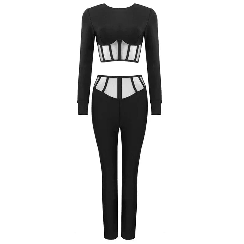 XS / Black D8233 Women round neck long sleeves lace cutout waist two piece set  bandage suit