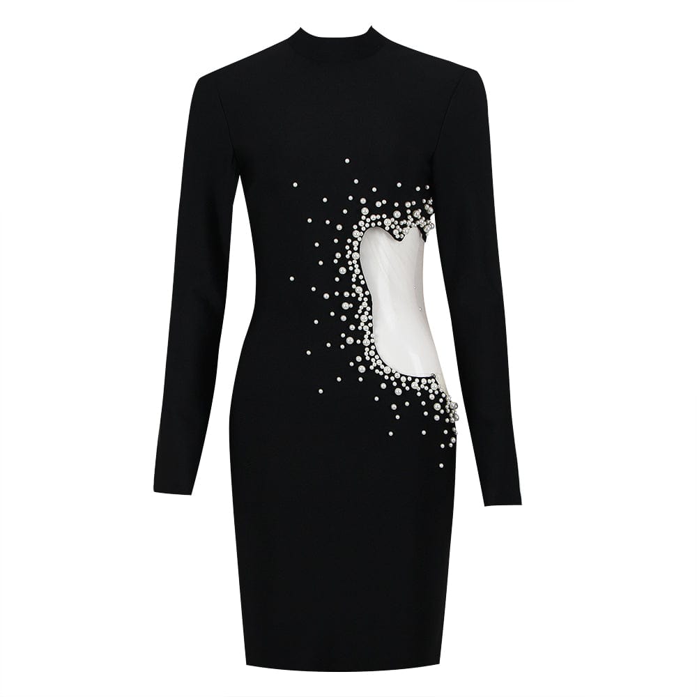 XS / Black New Arrival Long Sleeve Black Solid Color Women Elegant Dress With Beading Lady Bandage Dresses