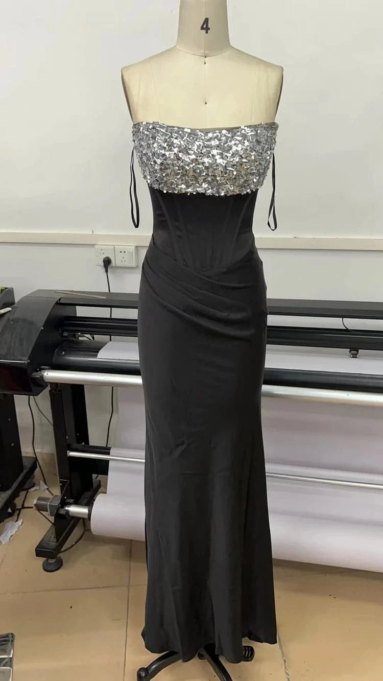 XS / Black New Fashion Ladies Black Elegant  Rayon Sequin Decoration Sexy Beading Off-shoulder Party Dresses