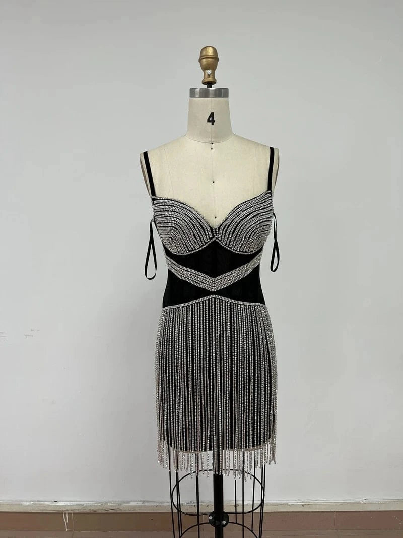 XS / Black New Fashion Ladies Elegant Strap Beaded Tassel Diamond Luxury Tassel Party Dresses