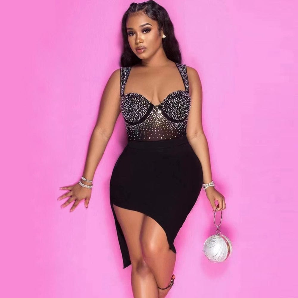 xs / Black New Woman Hot drill Dress Black Bandage Hip Low-cut Halter Dress