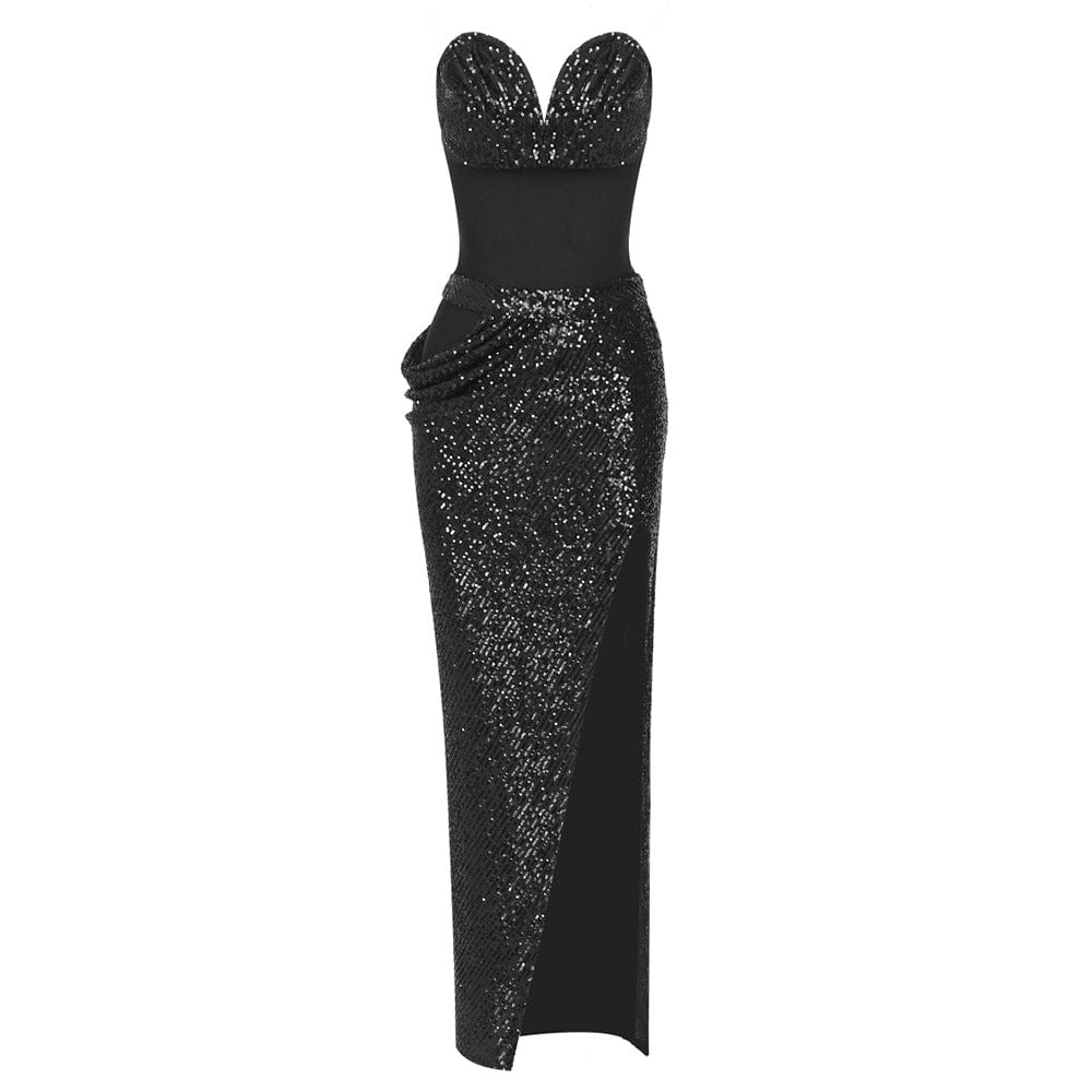 XS / black OUDINA Fashion Summer Women's Dress Black Tube Top Sequins Dinner Sexy Gowns For Women Evening Dresses