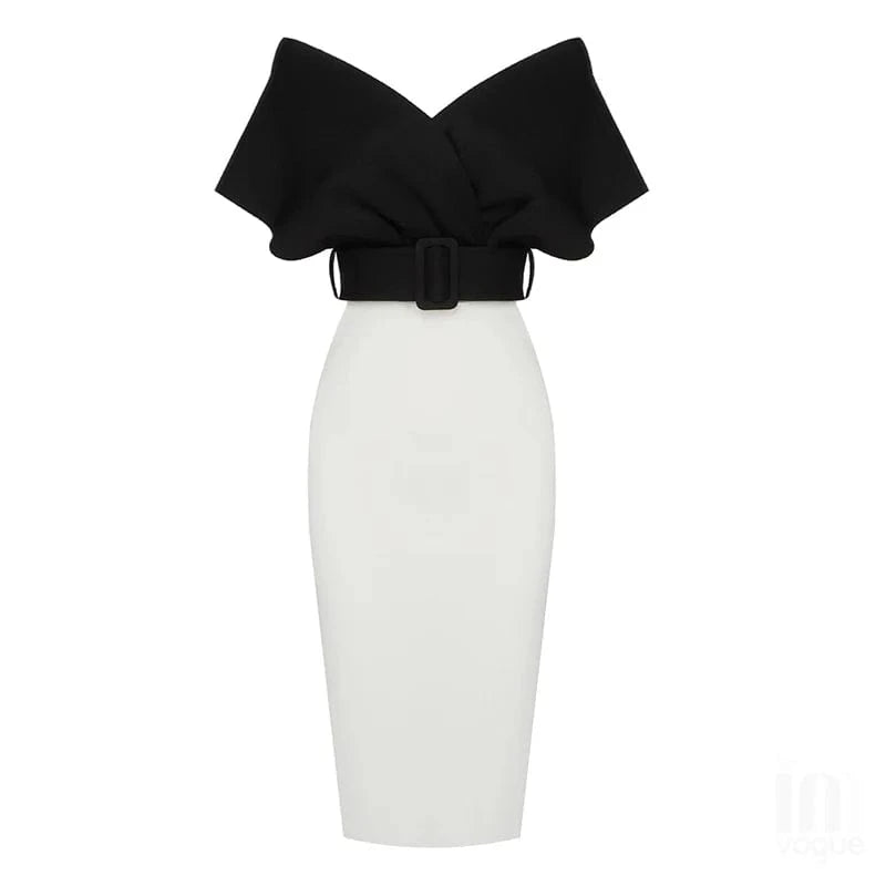 XS / Black+white Hot Selling Women's Off The Shoulder With Belt Elegant Cocktail Dress