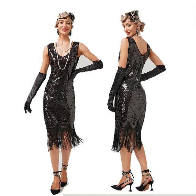 XS / black1 New Year 2023 Vintage 1920s Party Dress Great Gatsby Sequin Big V-Neck Flapper Costume Woman Tassel Dress Women Sexy Summer Suit