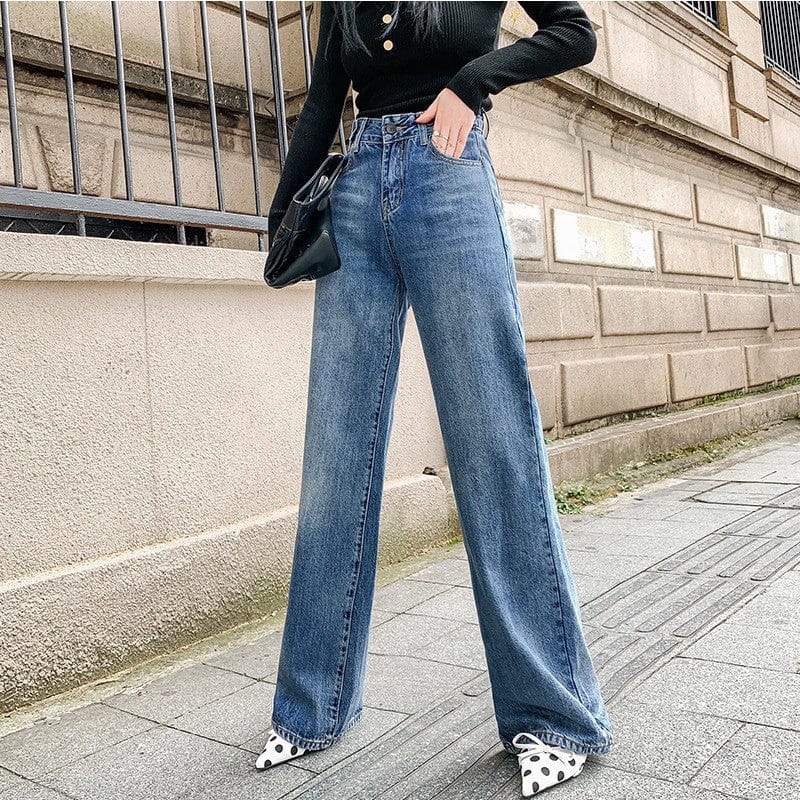 XS / Blue Bclout/QINSI Ladies Pants High Waist Pockets Loose Female Wide Leg Denim Pants Casual Spring Women Long Jeans Trousers