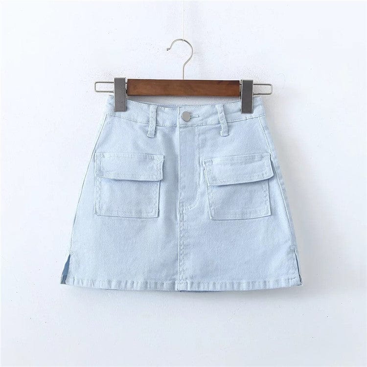 XS / Blue Denim Cargo Mini Skirt Women Women Pocket Harajuku Jean A-line Skirts Streetwear