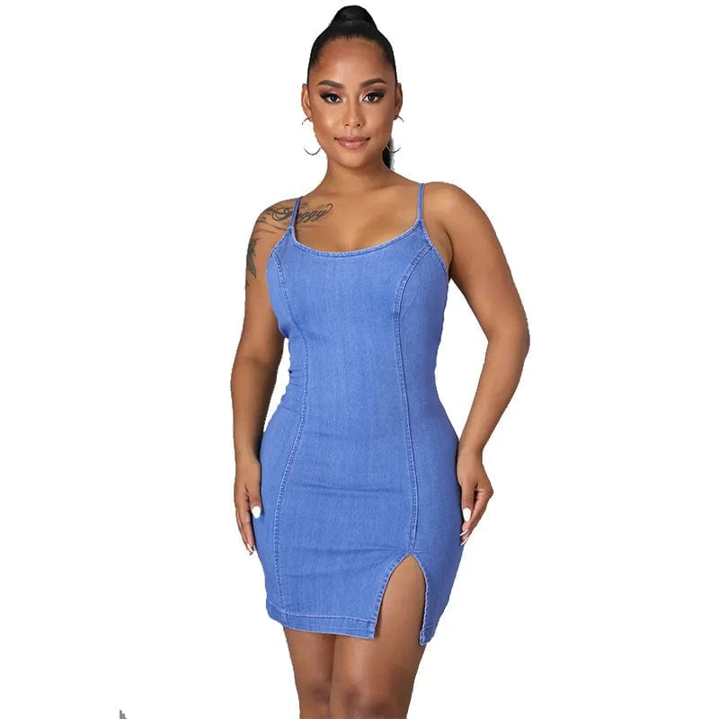 XS / Blue LY029 Solid Color Spaghetti Straps Fitted Sleeveless Dresses