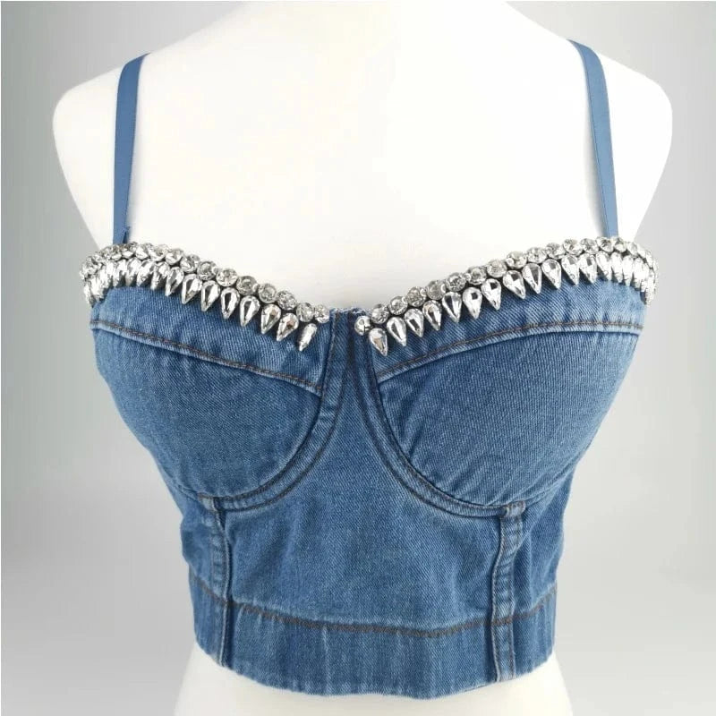 XS / Blue02 Diamond Denim Sling Vest Sexy Deep V Open Back Women Beach Bra Summer Top