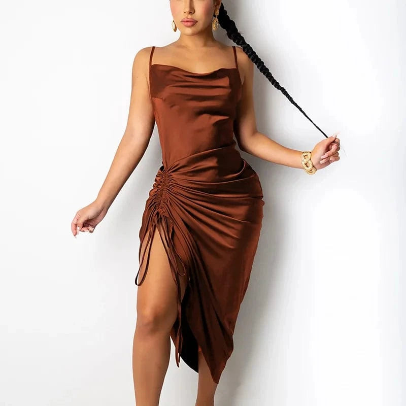 XS / Brown Sexy Ruched Satin Summer Dress Drawstring Spaghetti Straps Cowl Neck Backless Long Dresses for Women Party