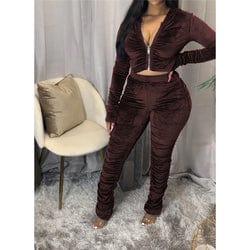 XS / Brown XS-3XL Solid Color Pleated Long Sleeve Velvet 2 Piece Sets Casual Zipper Hoodies With Jogers Set Fashion Stacked Leggins Set