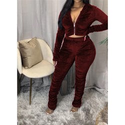 XS / Burgundy XS-3XL Solid Color Pleated Long Sleeve Velvet 2 Piece Sets Casual Zipper Hoodies With Jogers Set Fashion Stacked Leggins Set