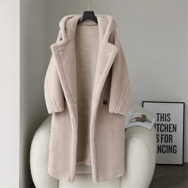 XS / camel PDUI Women Real Wool Fur Coat Winter Warm Female Girl Sheep Shearing Long Jacket Parka Trench OverCoat CT143