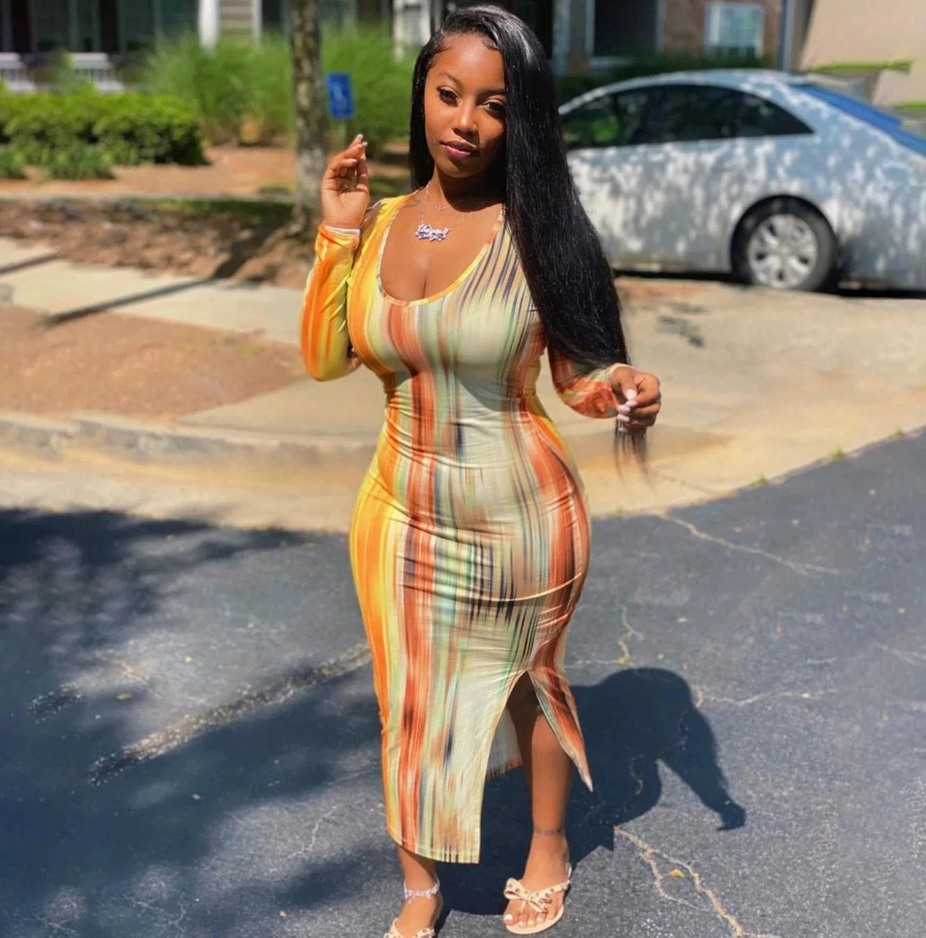 XS clothing Long Sleeve Dress with Slit Stretch Tight Midi Ladies Dresses Casual Women Colorful Bodycon Cheap Woman Dress