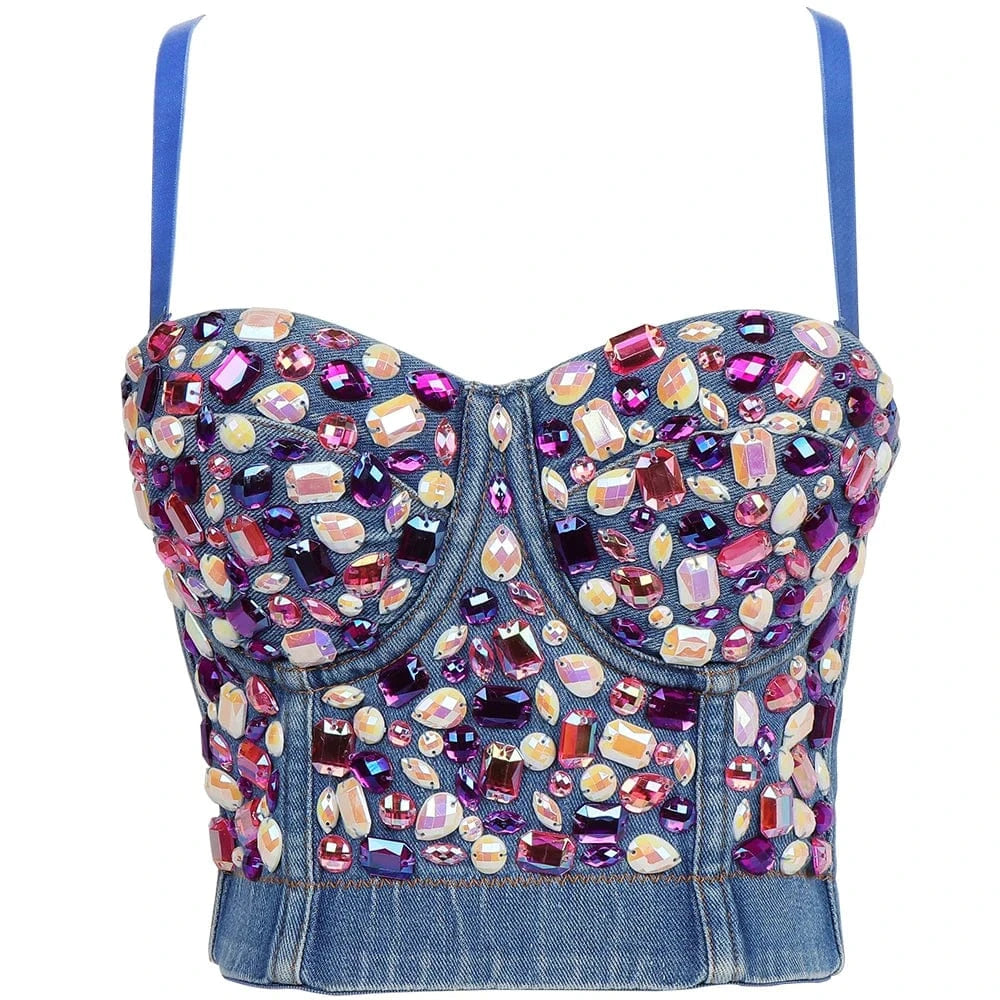 XS / Denim blue tri-color AB Customized wholesale underwear Diamond crystals embellished tights women's corset tops