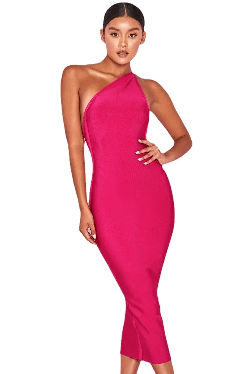 XS / Fuchsia D8654 Hot Sale 4 Colors Sexy one-shoulder sling backless tight bodycon bandage dress for women