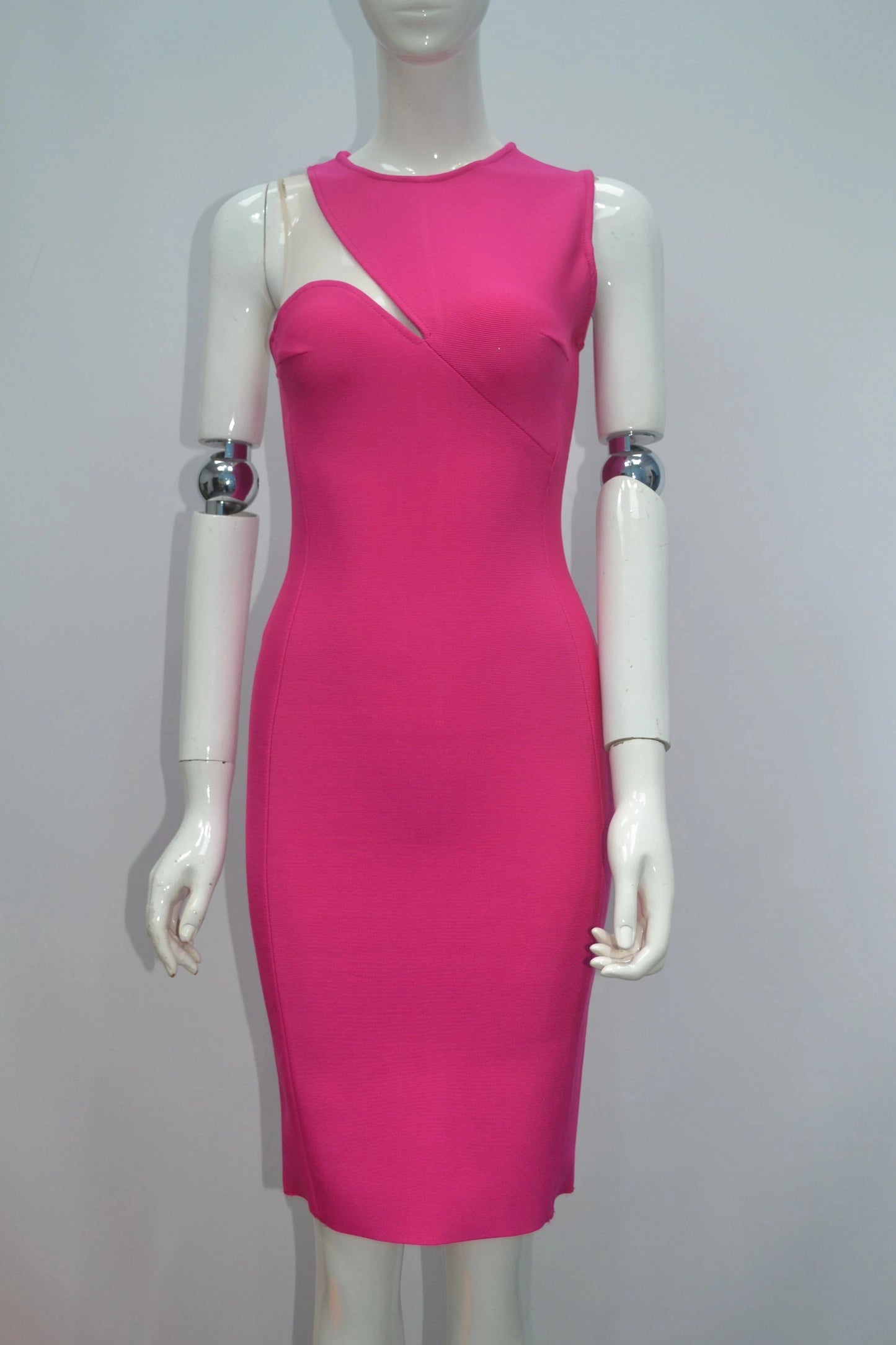 XS / Fuchsia Fashionable slanting o-neck net gauze thin charm bandage dress social evening dress 5 colors