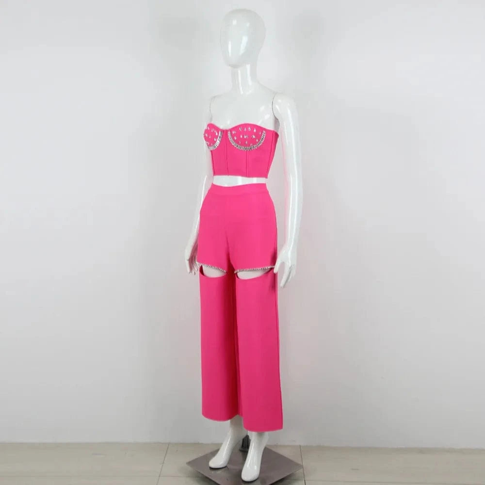 XS / Fuchsia Nes Arrivals Ladies Elegant Rhinestone Bandage Short Tops And Pants Two Piece Set
