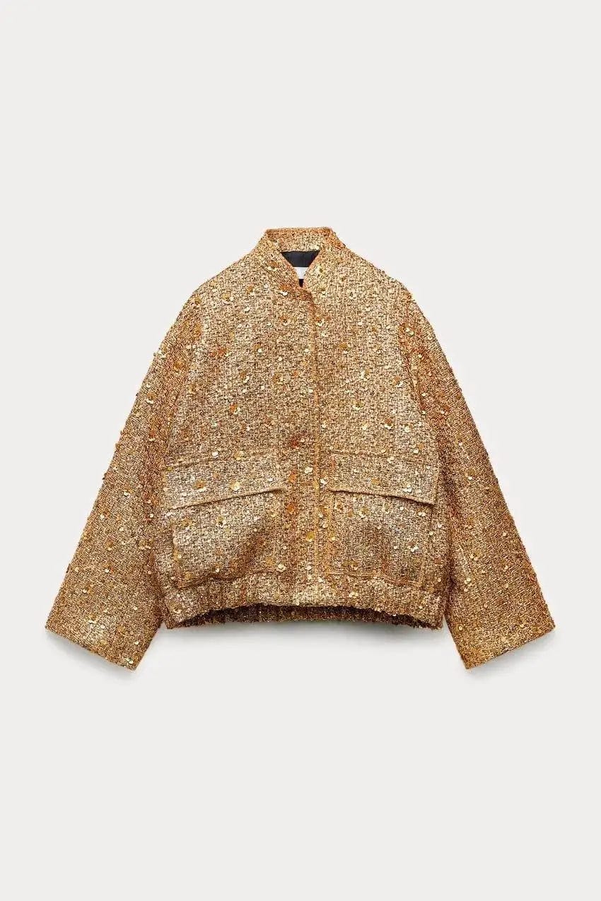 XS / Gold OUDINA Wholesale Spring Original Quality Elasticity Pockets Crystal Sequins Jackets Coat Womens Bomber Jacket