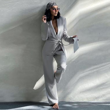 XS / Gray BH7438 Amazon New European And American Suit Two-Piece Long Sleeve V-Neck Coat & Slim Pants Sexy Fashion Set