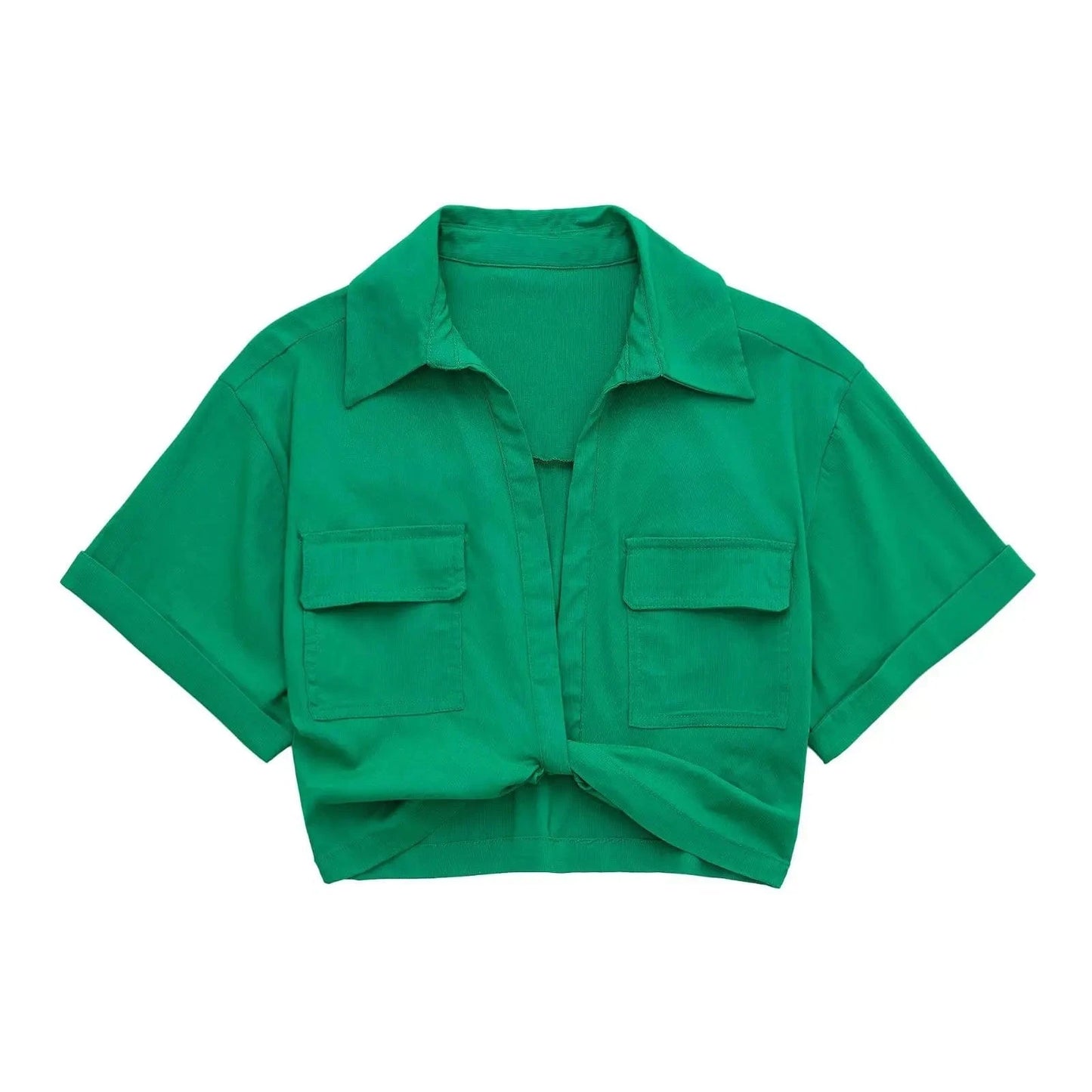 XS / green Available New Casual High Stretch Short Sleeve Shirts Vintage Cute Crop Top Women Blouses with Front Twist Knot