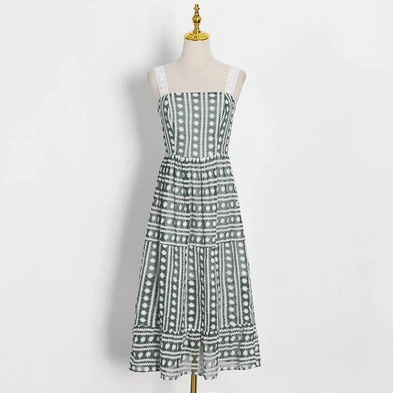 XS / green CHICEVER Elegant Square Collar Sleeveless High Waist Embroidery Summer Dresses For Women