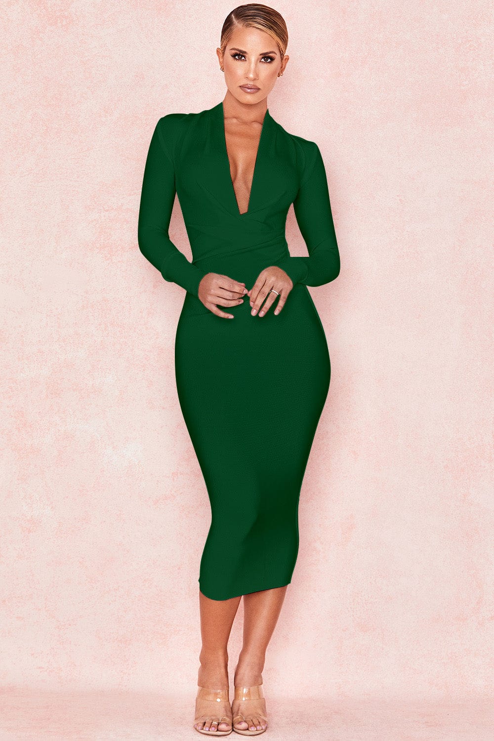 xs / green White Spring Bandage Deep V-Neck Midi Vestidos Sexy Bodycon Women Clothing Dress