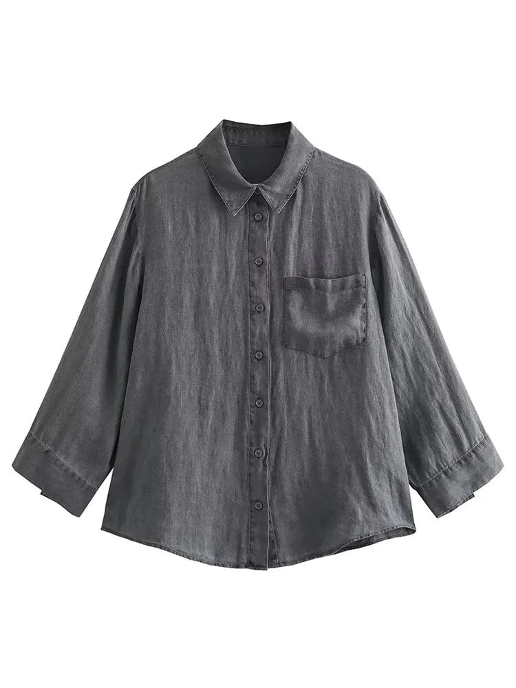 XS / grey shirt New Pocket Decoration Long sleeved Linen Shirt Thin Mid Waist Pants Set for Women