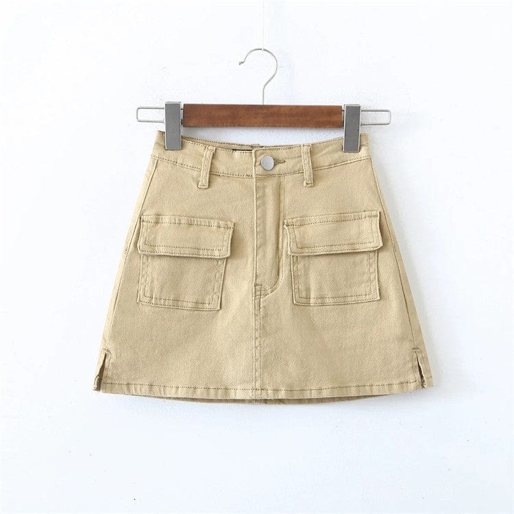 XS / Khaki Denim Cargo Mini Skirt Women Women Pocket Harajuku Jean A-line Skirts Streetwear