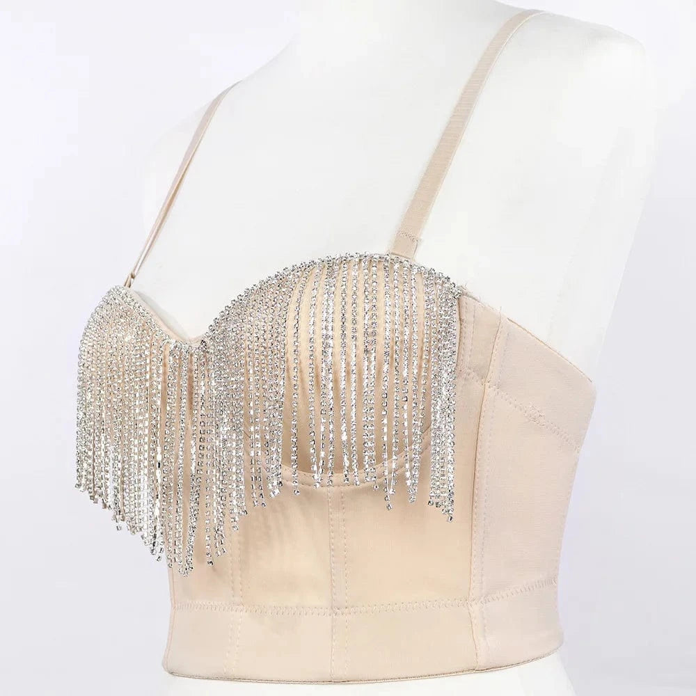 XS / Khaki Ladies Sexy Party Bling Rhinestones Corset Cropped Top Trendy Diamond Bra Camisole Tank Top