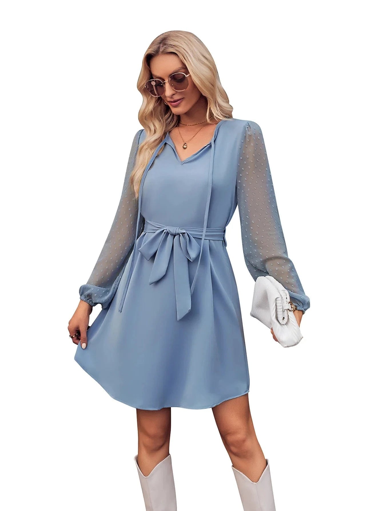 XS / Light Blue 2024 Europe New Fashion Women Lady  Spring and Autumn V-neck Solid Color Casual Long-sleeved Waist-tied Midi Dress