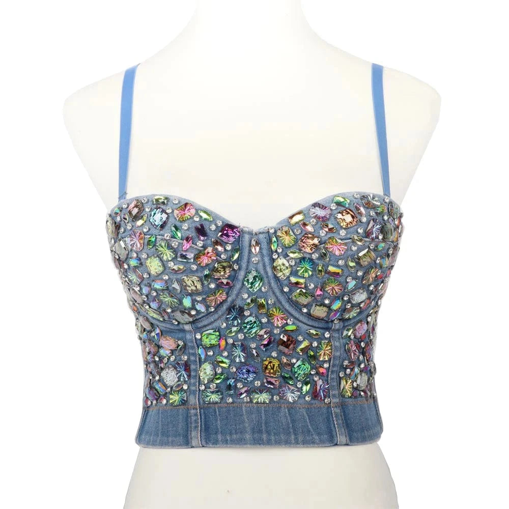 XS / Light Blue Factory custom denim colorful glittering diamond ball night club women's Bra