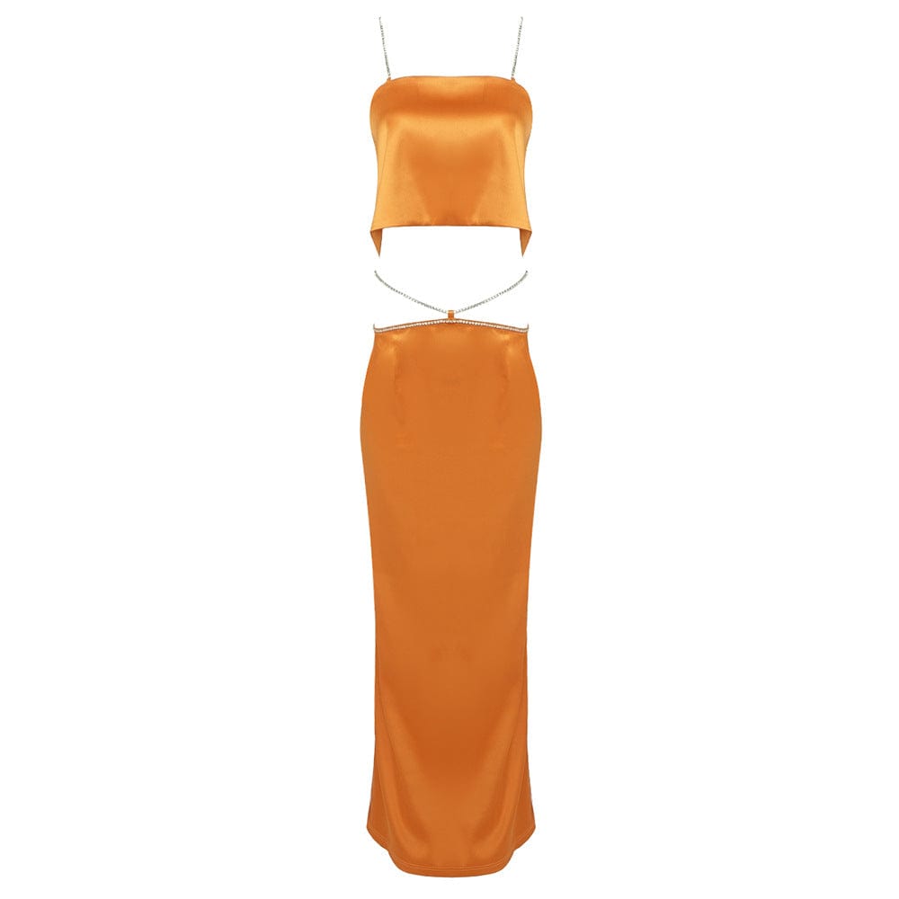 XS / Orange BD2302 Kimshein Rhinestone Spaghetti Straps With Crystal Sleeveless Backless Satin Womens Long Skirt Two Piece Party Set