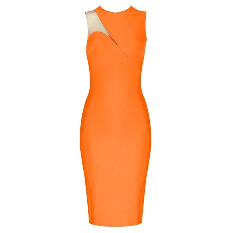 XS / Orange Fashionable slanting o-neck net gauze thin charm bandage dress social evening dress 5 colors