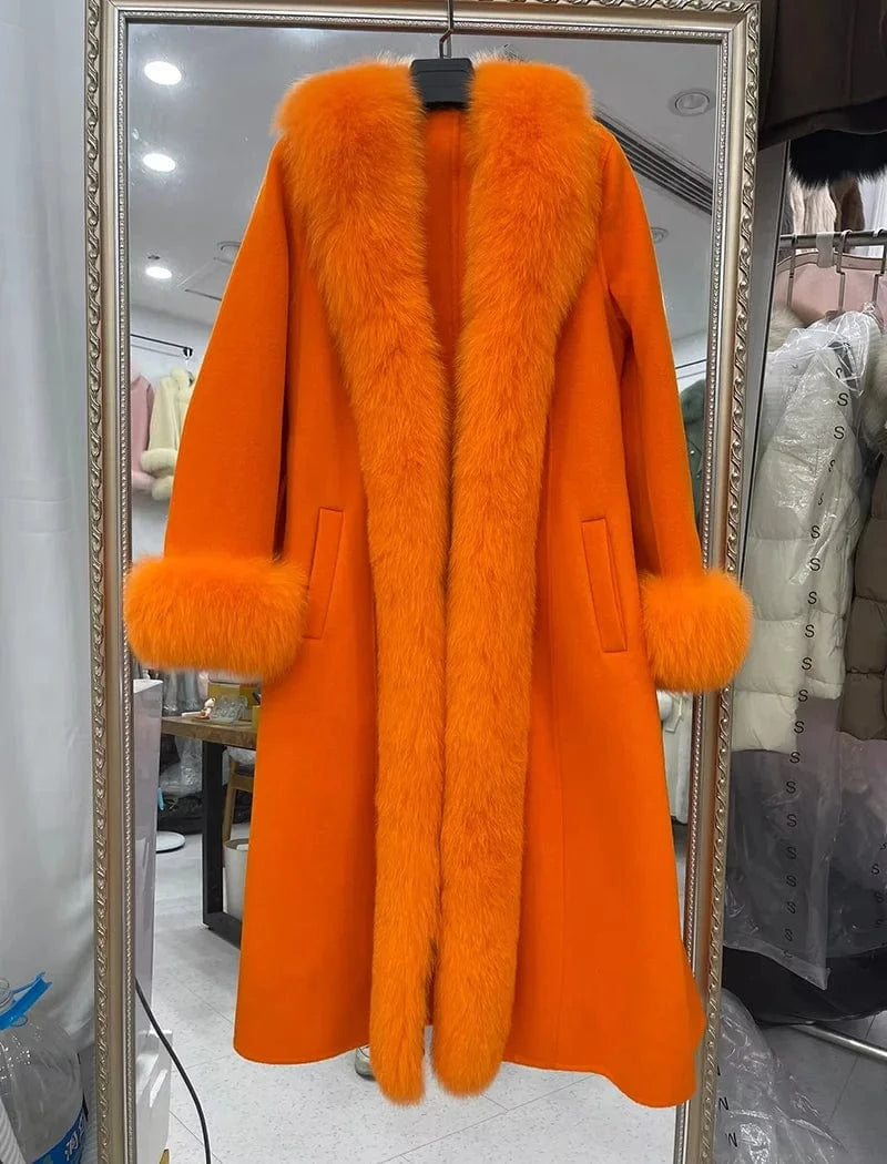 XS / Orange Luxury Extra Women Long Wool Coat Real Fox Fur Collar Cuffs Cashmere Coat with Belt