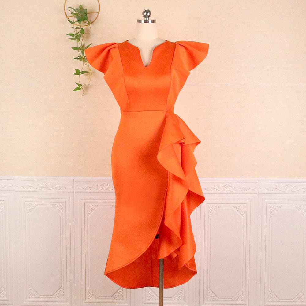 XS / Orange Tube Longos Vestidos Sexys Mujer Fashion Dress V-neck ruffled high waist large size slim irregular hem women's white dress