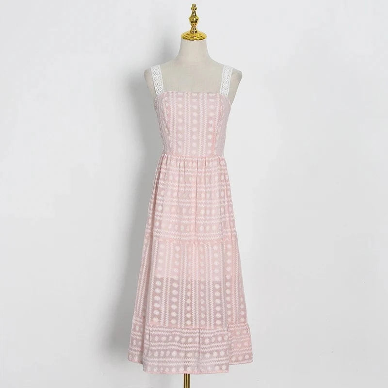 XS / Pink CHICEVER Elegant Square Collar Sleeveless High Waist Embroidery Summer Dresses For Women