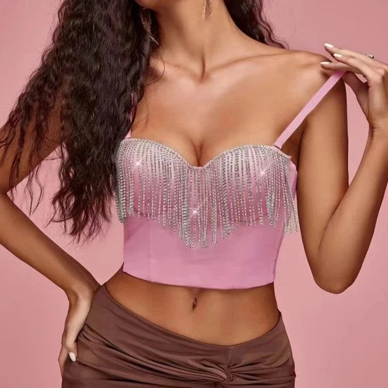 XS / Pink Ladies Sexy Party Bling Rhinestones Corset Cropped Top Trendy Diamond Bra Camisole Tank Top