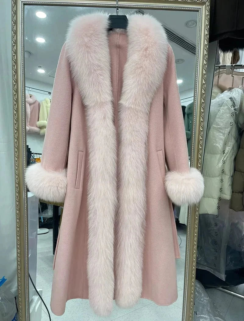 XS / Pink Luxury Extra Women Long Wool Coat Real Fox Fur Collar Cuffs Cashmere Coat with Belt