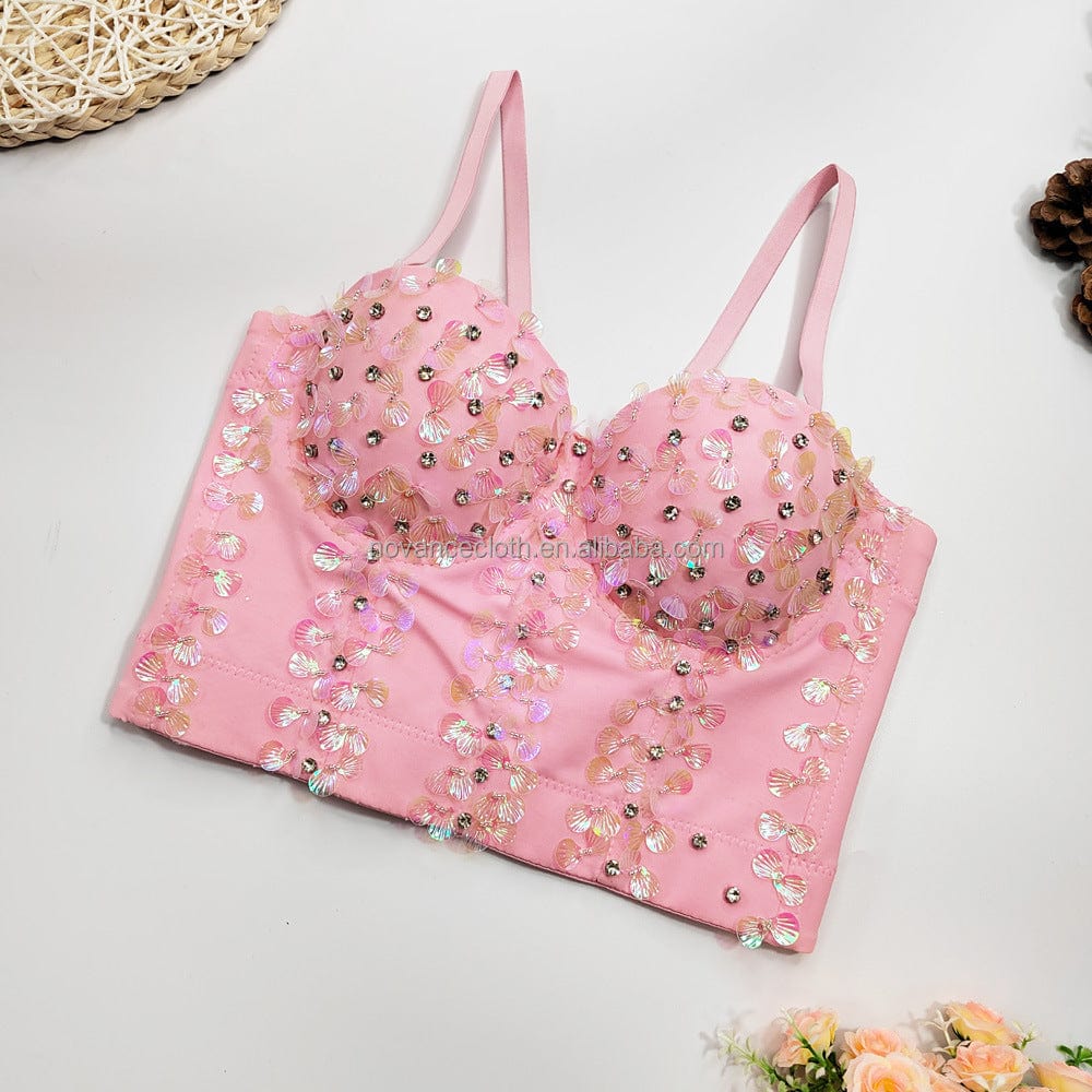 XS / Pink NOVANCE Trending Products Black Shell Sequined Lingerie Wearing Hot Girl Top Rhinestone Beaded Fishbone Corset Top Bra For Women