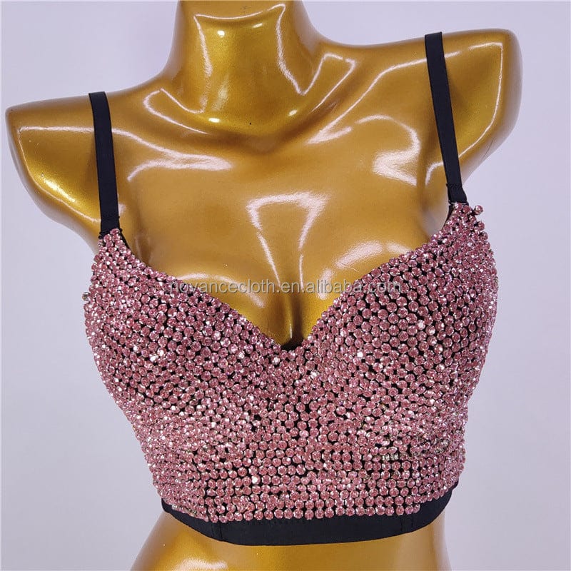 XS / Pink Novance Women Tops 2023 Shiny Sky Blue Crystal Fishbone Sling Singing And Dancing Stage Performance Sexy Camisole Ladies Clothes