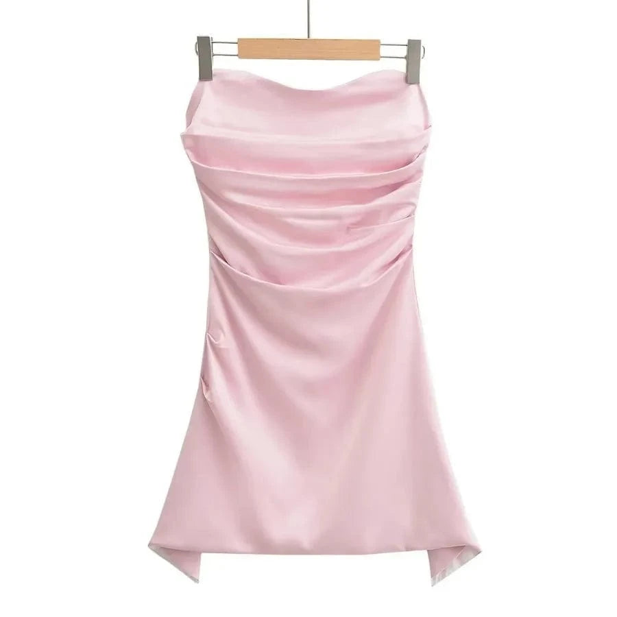 XS / Pink RedPeony Strapless Ruched Mini Holiday Women Dress 2024 Summer Sexy Bodycon Night Birthday Party Dresses Satin Dress