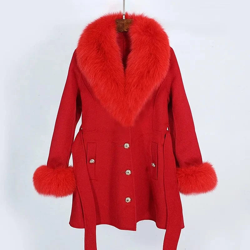 XS / Red Handmade Luxury Real Fox Fur Collar Cuffs Cashmere Coats Women Single Breasted Buttons Wool Coat